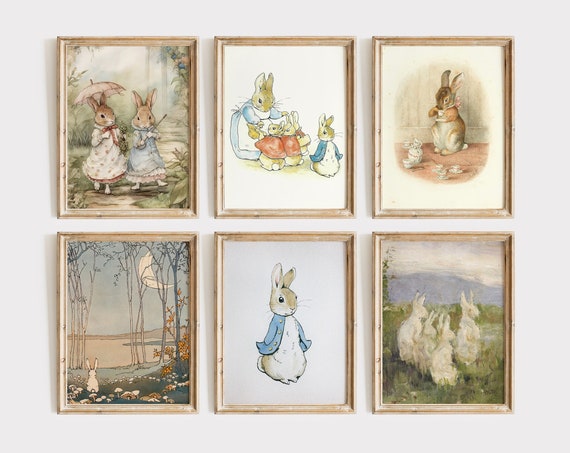 Vintage Bunnies Collection Beatrix Potter Rabbit Wall Art Cute Bunny Drinking Tea Print For Nursery Or Childrens Room