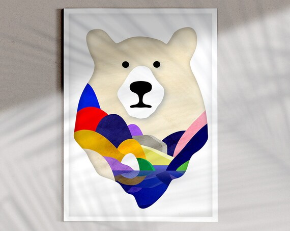 White Bear Head Double Exposure Colorful Abstract Shapes Art Poster