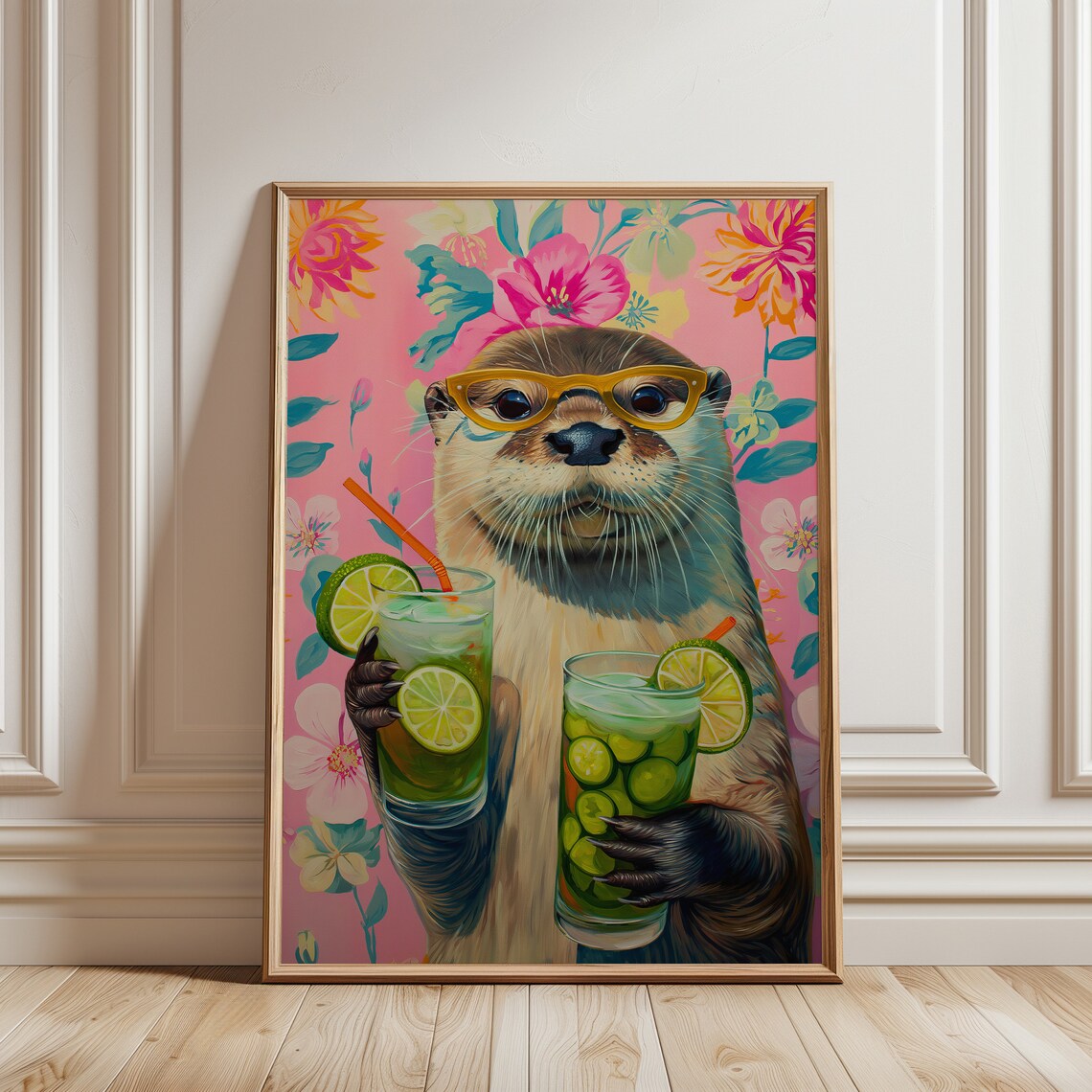 Otter With Cocktail, Maximalist Oil Painting - Image 3