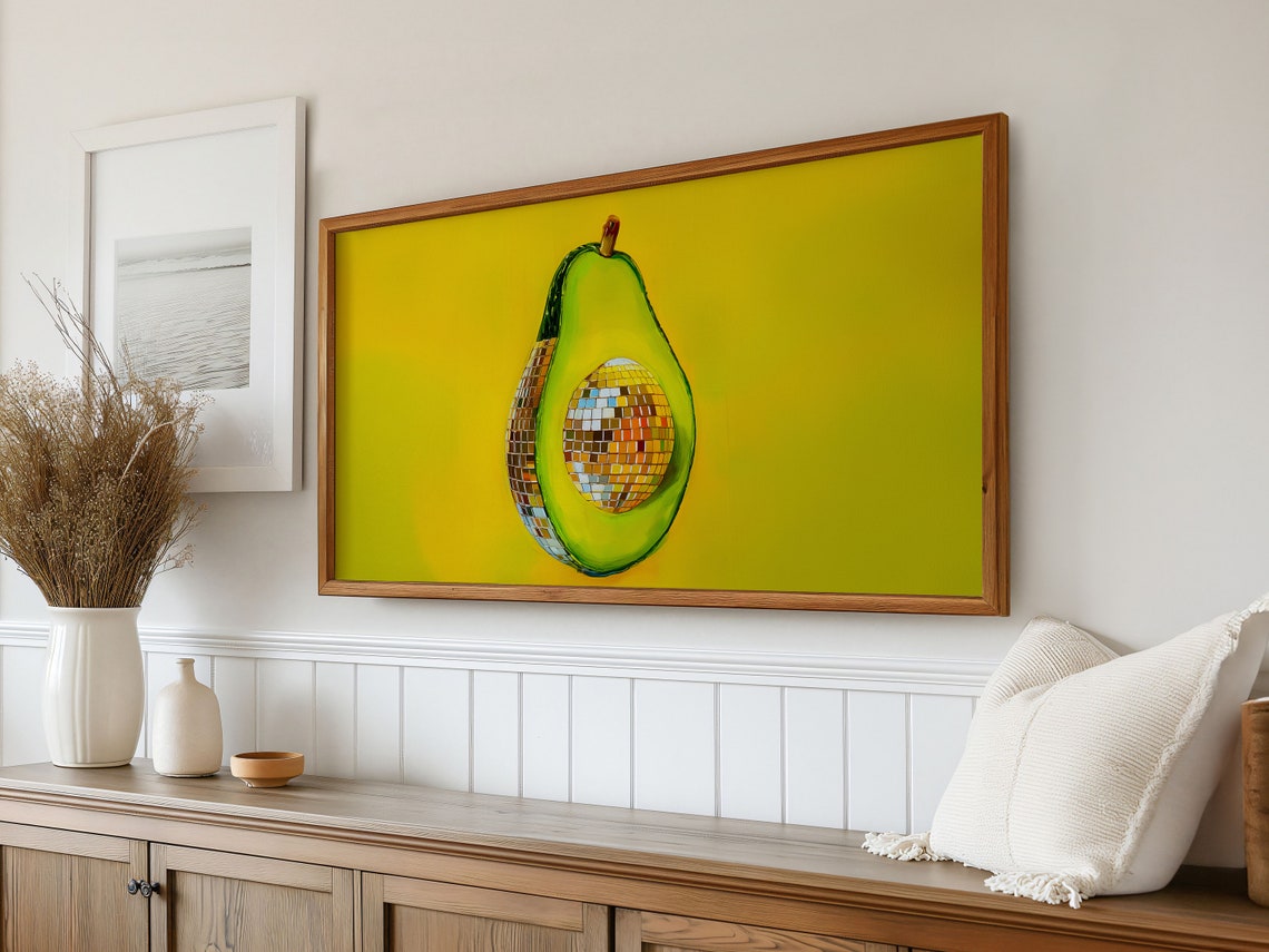 Avocado Disco Ball Maximalist Painting, TV Decor - Image 3