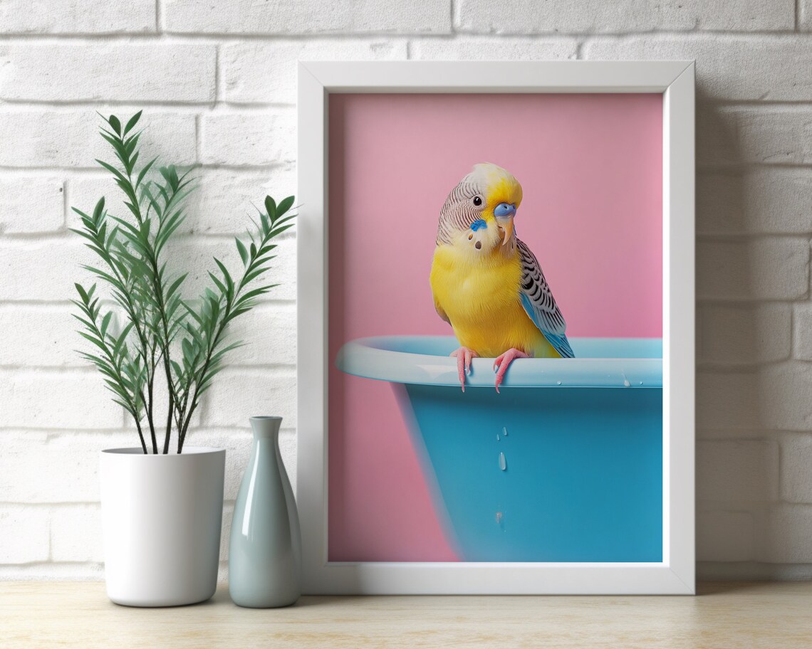 Yellow Budgie Parakeet on Blue Bathtub Pink Colorful Bird Poster - Image 3