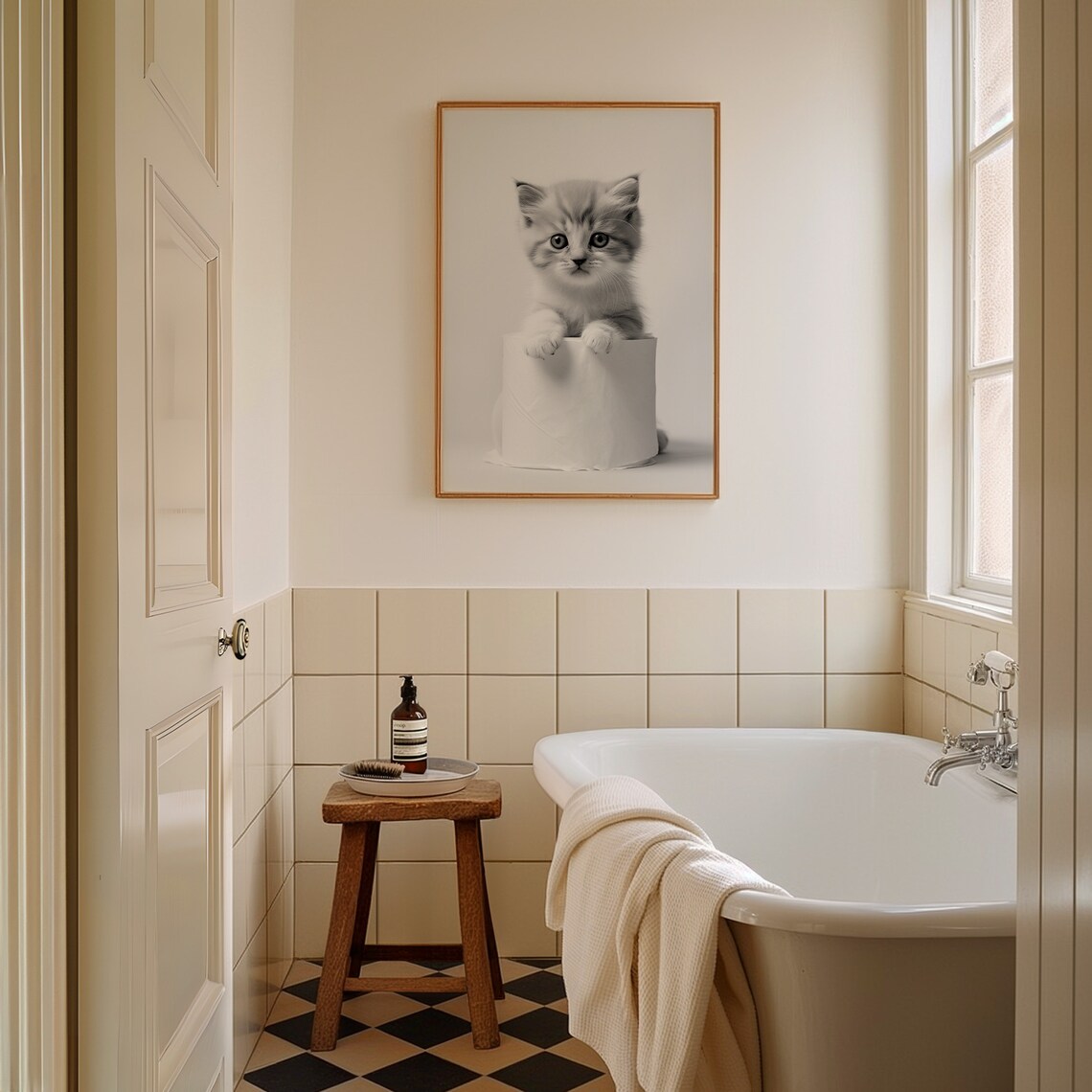 Sweet Kitten Peeking Over Toilet Paper Roll Funny Bathroom Poster - Image 3