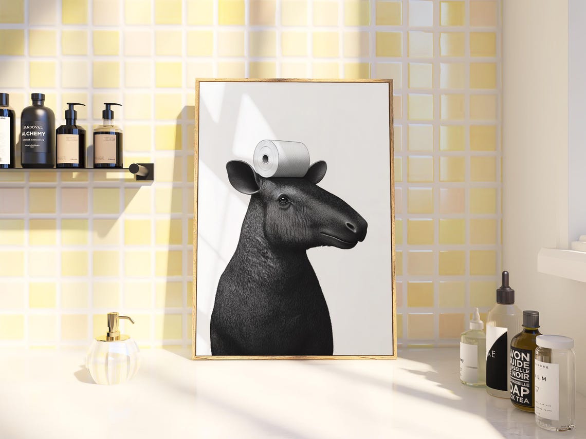 Tapir With Toilet Paper On Head Black And White Funny Bathroom Poster - Image 3