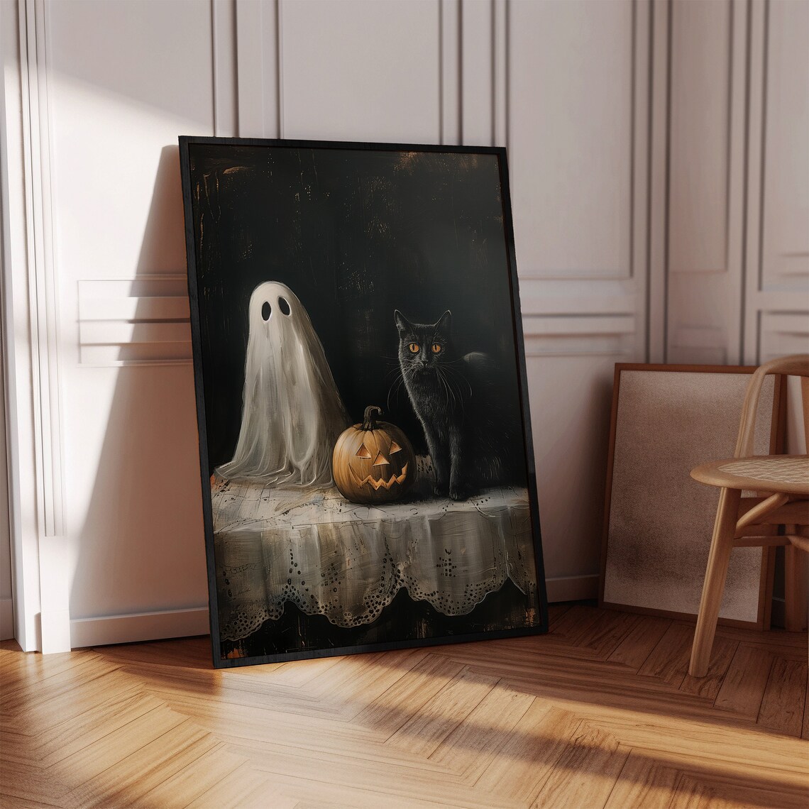 Ghost Black Cat And Pumpkin Moody Vintage Halloween Art Poster - Image 2