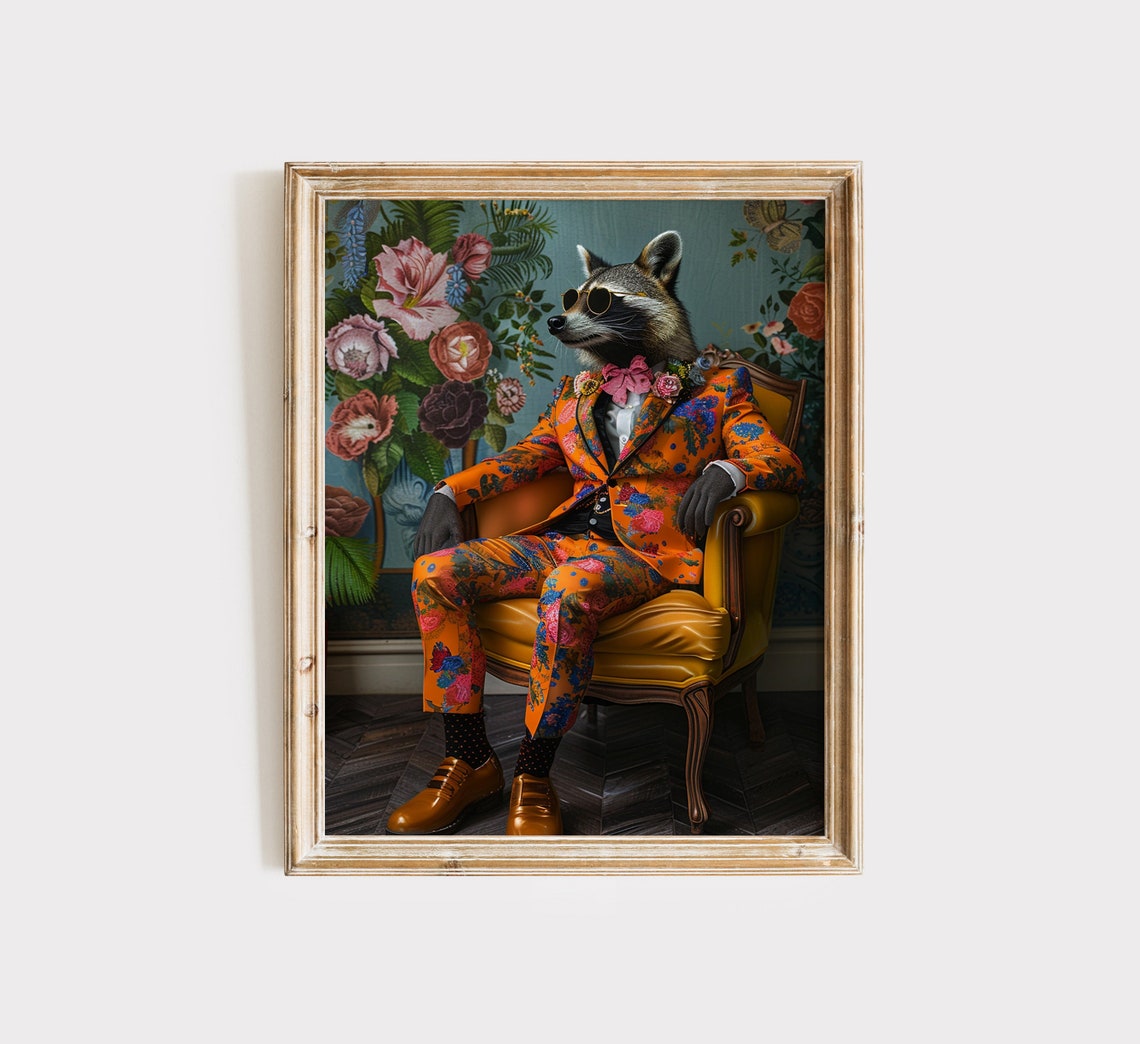Dapper Raccoon In Floral Suit Maximalist Animal Portrait Poster