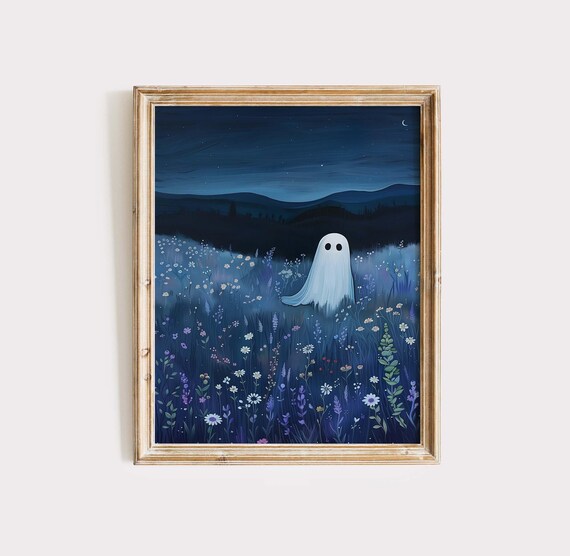 Cute Ghost In Starry Night Wildflower Meadow Halloween Poster