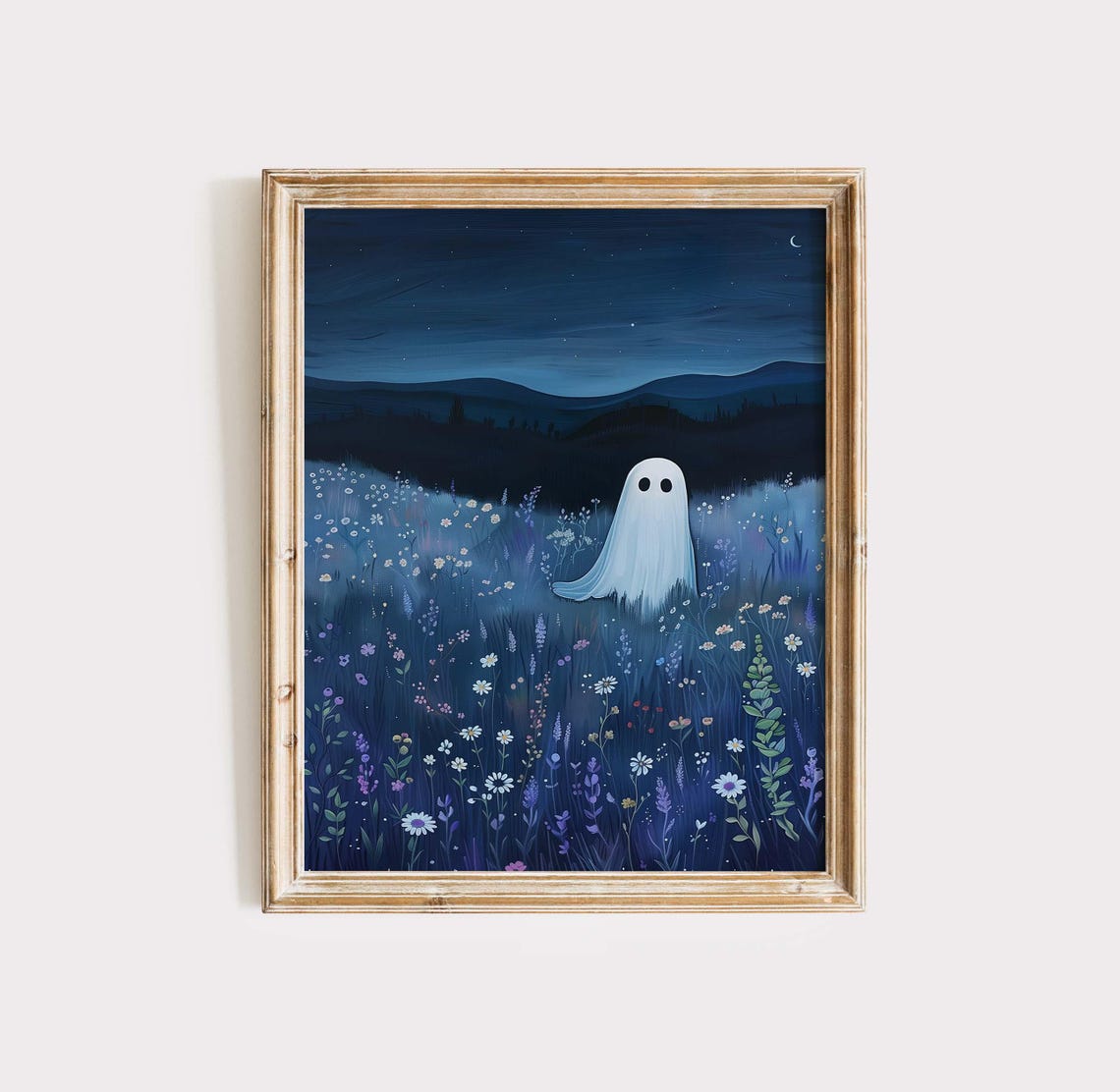Cute Ghost In Starry Night Wildflower Meadow Halloween Poster