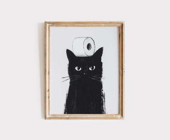 Black Cat Funny Bathroom Cat Poster, Cat Print