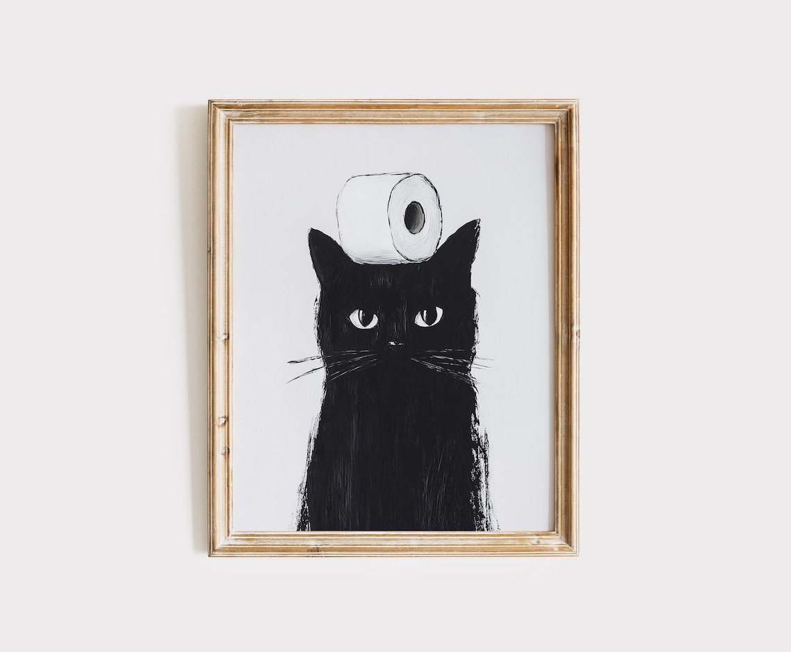 Black Cat Funny Bathroom Cat Poster, Cat Print