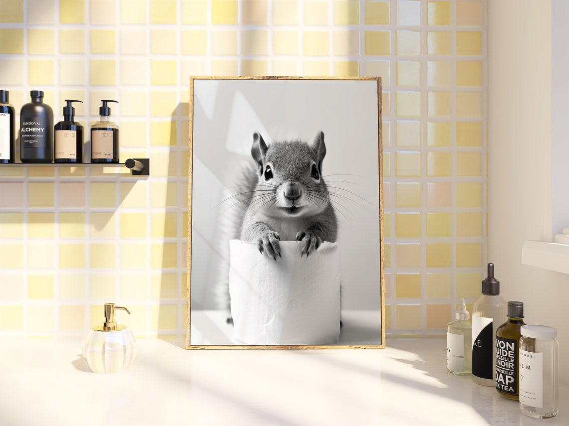 Squirrel Decor Animal Bathroom Decor Squirrel Wall Art Children Bath Gift Bathroom Art Black And White Bathroom Print - Image 3