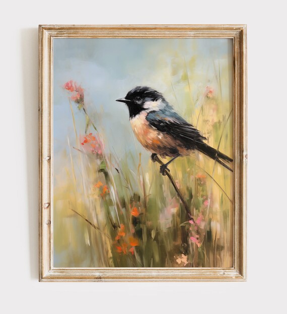 Chickadee Songbird on Twig Wildflower Meadow Impressionist Oil Painting Print