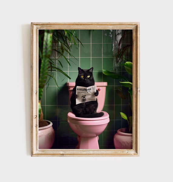 Black Cat Painting Funny Bathroom Cat Poster Black Cat Print Cat Poster Funny Cat Poster Black Cat