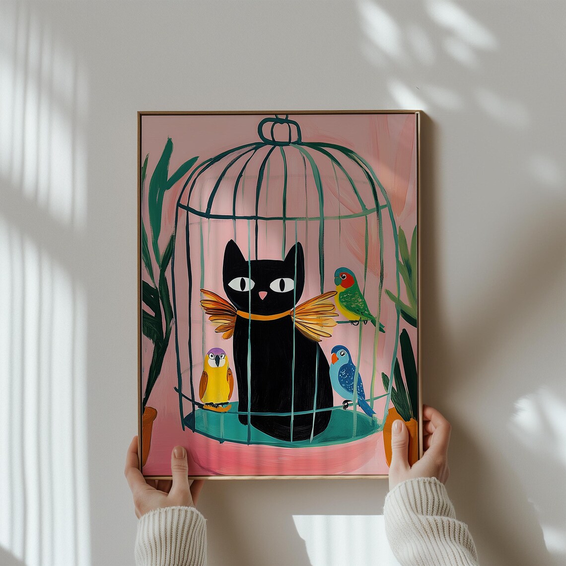 Black Cat in Birdcage Colorful Parrots Playful Whimsical Poster - Image 3