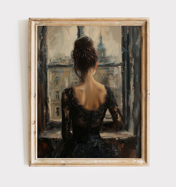Woman in Black Lace Dress at Rainy Window Moody City Painting Poster
