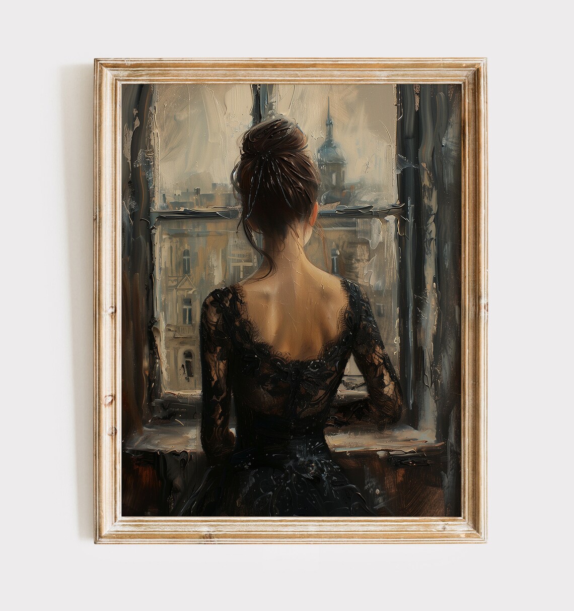 Woman in Black Lace Dress at Rainy Window Moody City Painting Poster