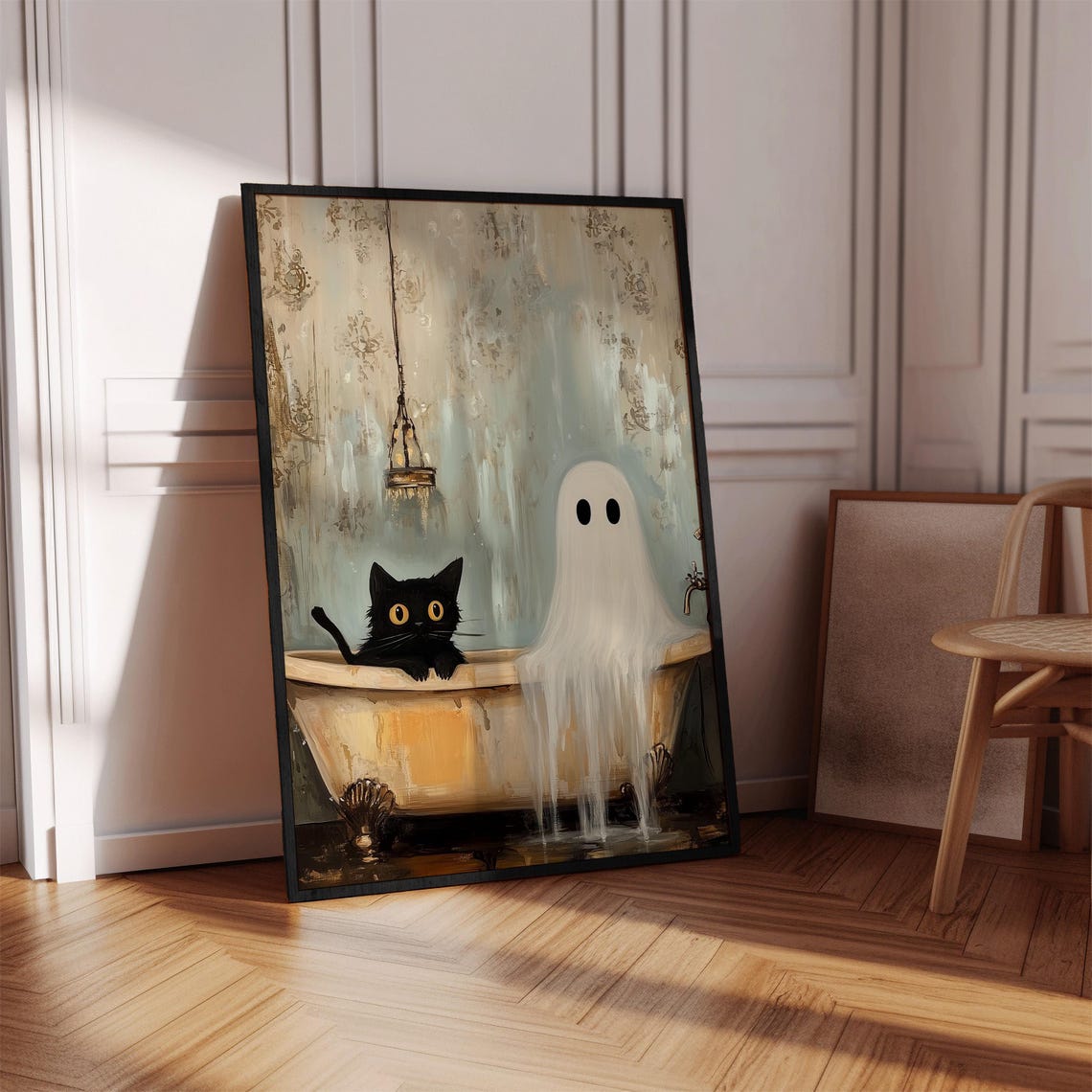 Black Cat and Ghost in Bathtub Cute Spooky Halloween Art Poster - Image 2