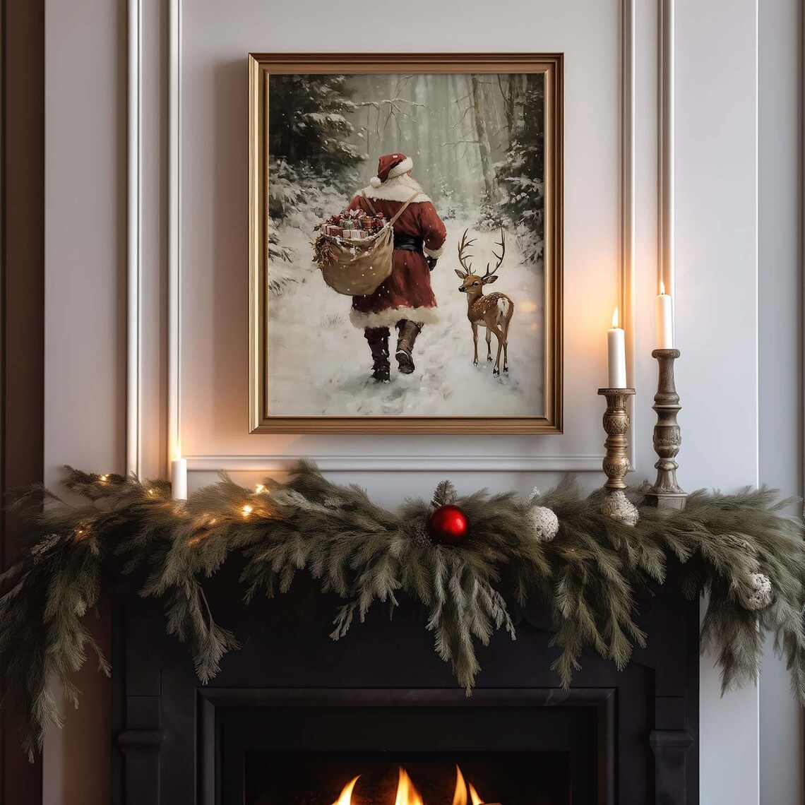 Santa Claus With Reindeer In Snowy Forest Vintage Christmas Wall Poster - Image 2