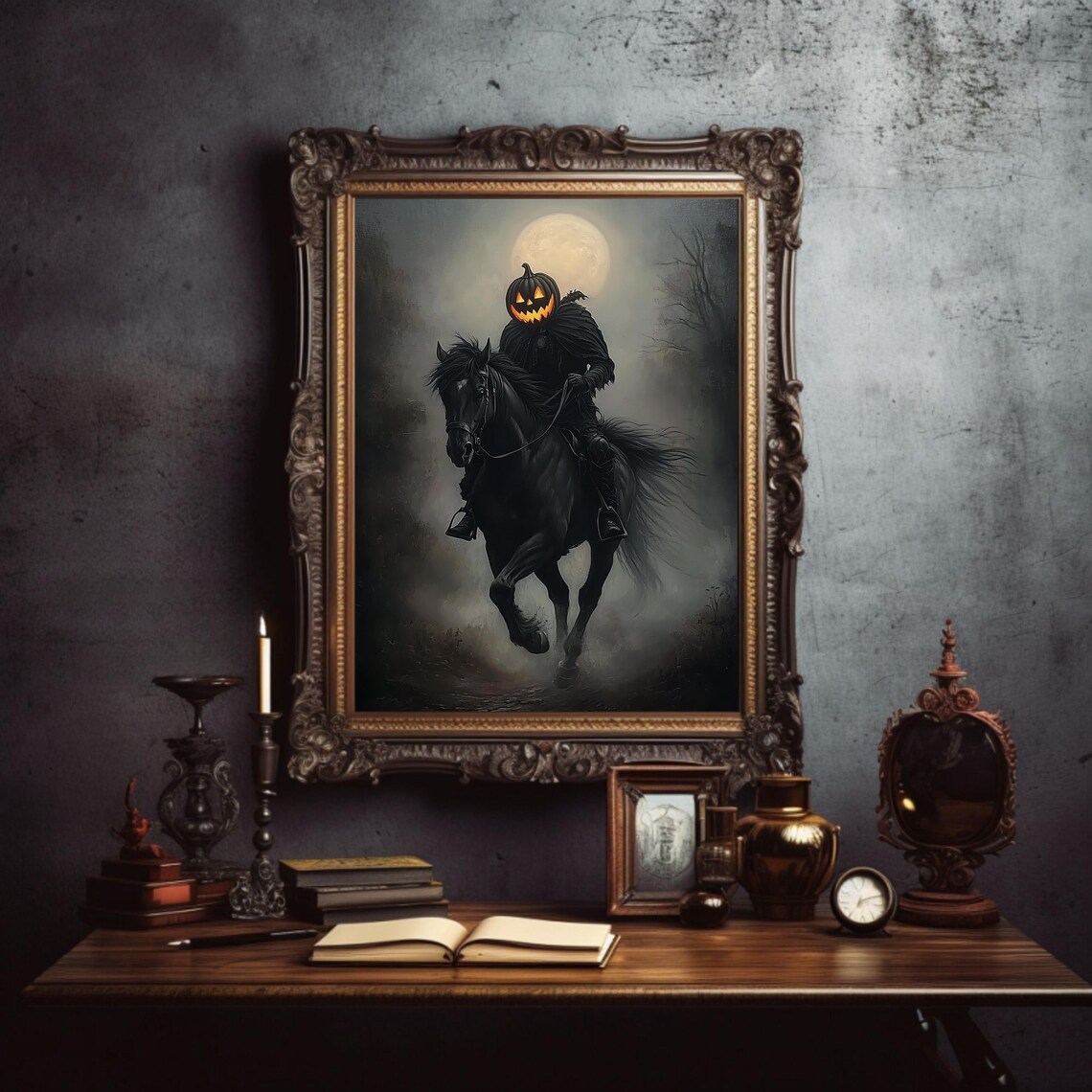 Jack o Lantern Rider Moonlit Foggy Night Spooky Gothic Oil Poster - Image 2
