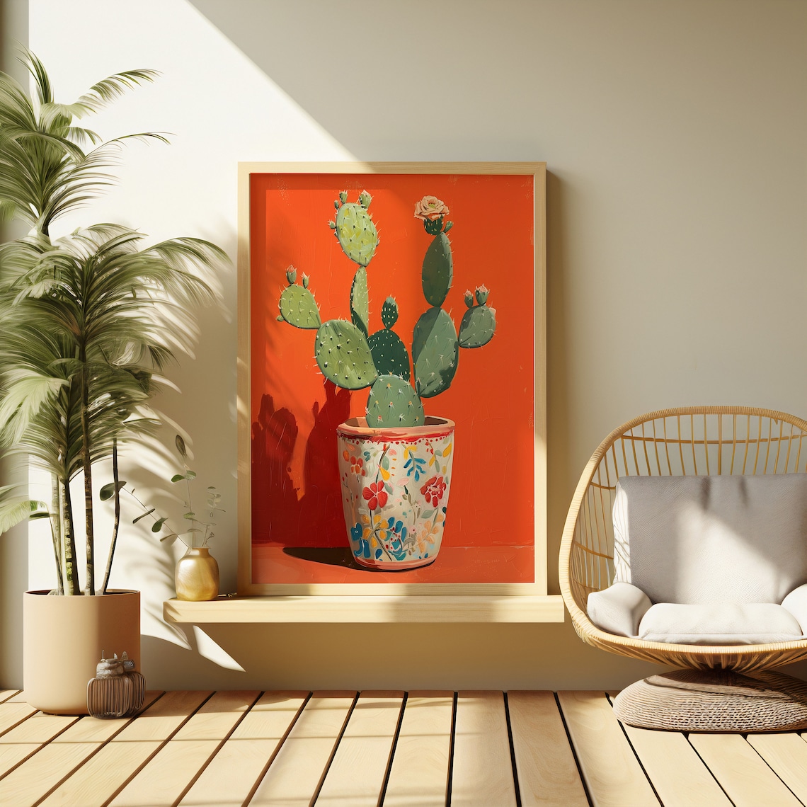Prickly Pear Cactus In Mexican Pottery Bold Orange Floral Wall Poster - Image 3