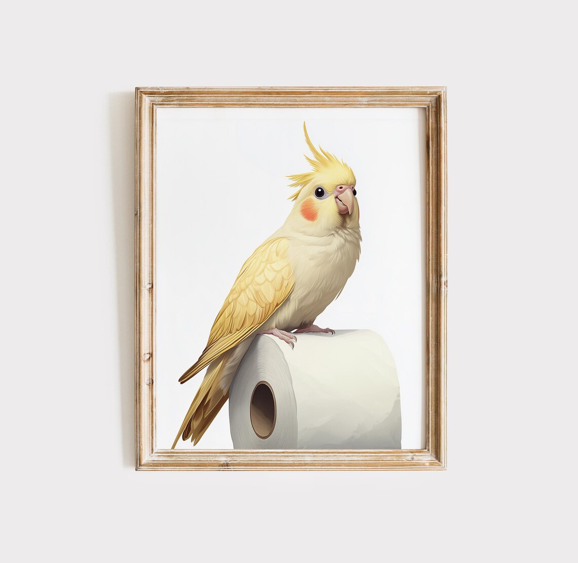Cute Bright Yellow Cockatiel Perched on a Toilet Paper Roll Poster
