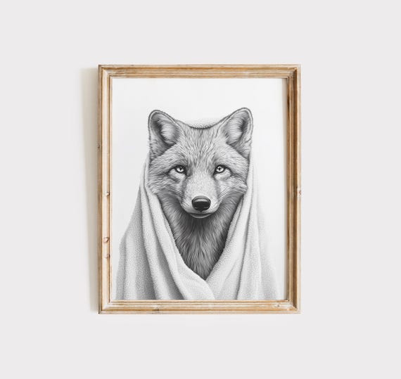 Arctic Fox Poster Animal Bathroom Poster White Fox Gift Arctic Fox Art Bathroom Wall Decor Poster Black And White Bathroom Print
