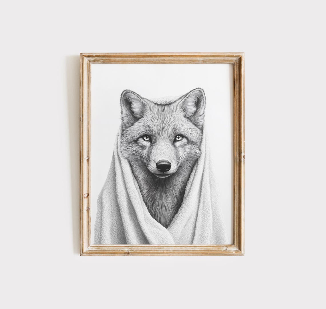 Arctic Fox Poster Animal Bathroom Poster White Fox Gift Arctic Fox Art Bathroom Wall Decor Poster Black And White Bathroom Print