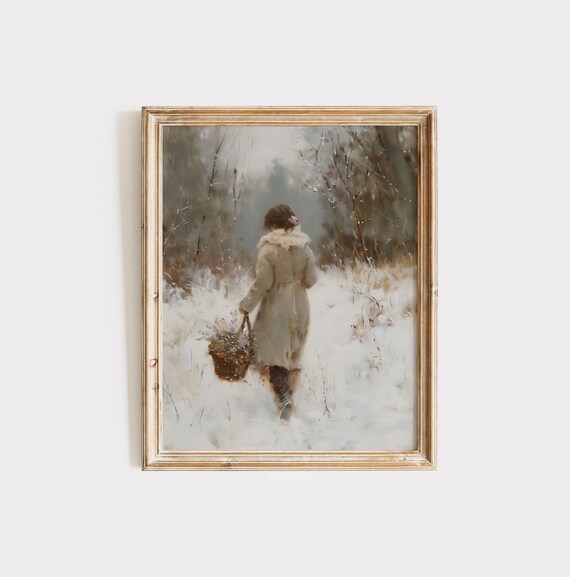 Woman Carrying Basket Walking Through Snowy Winter Forest Painting Print