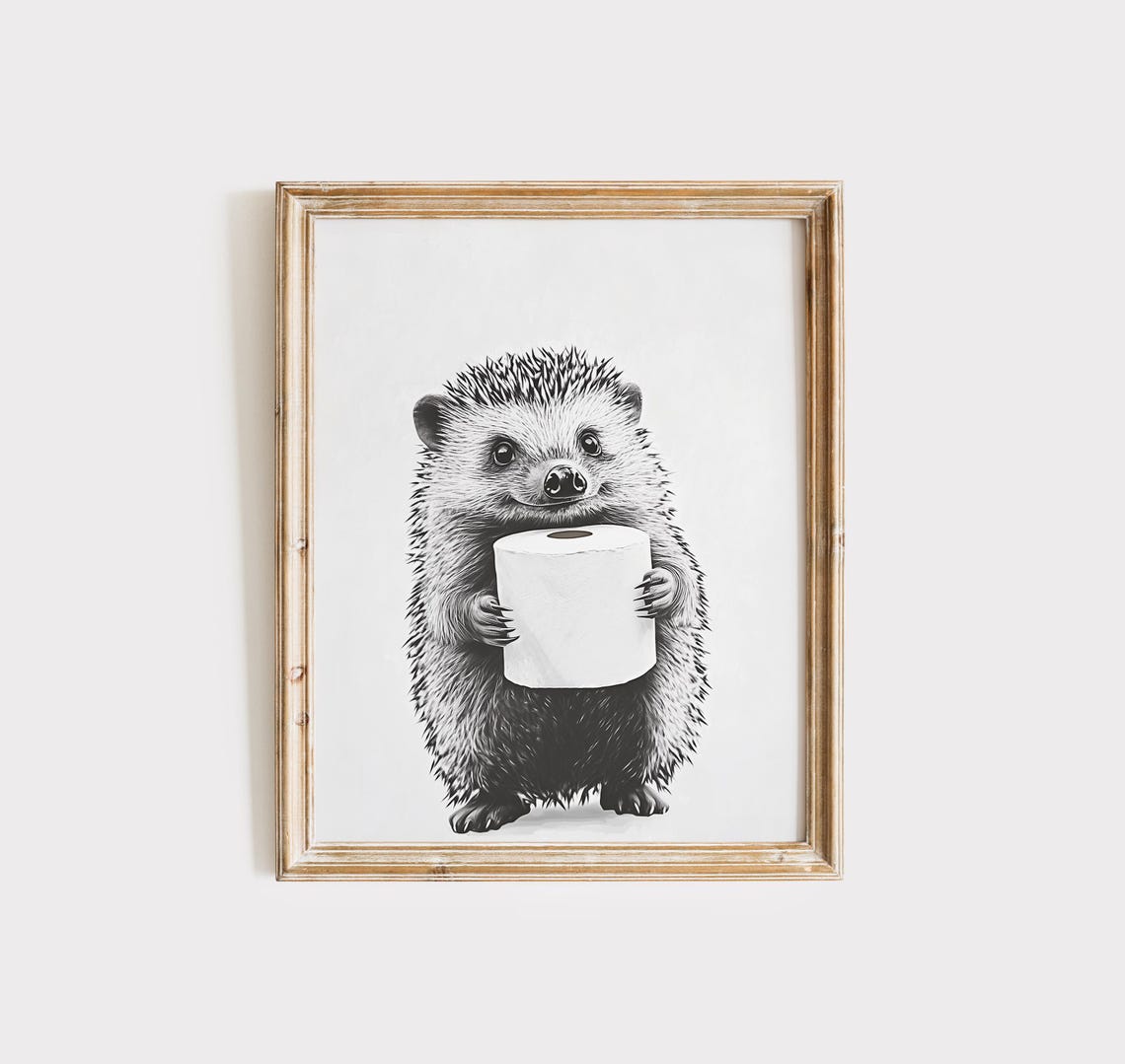 Cute Hedgehog Holding Toilet Paper Funny Bathroom Wall Poster - Image 3