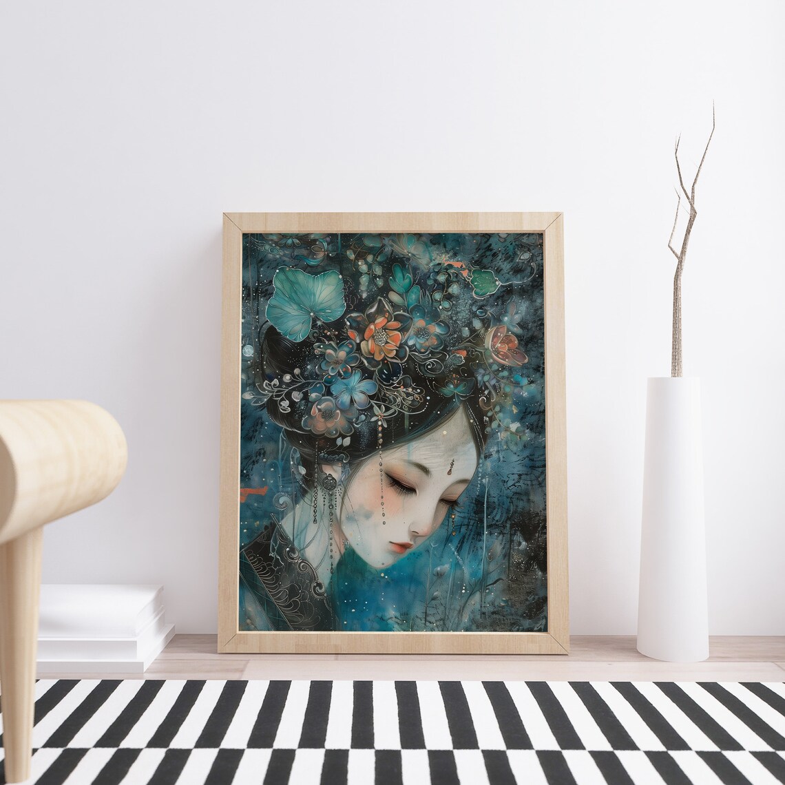Geisha Portrait With Floral Hair Ornaments Teal Gold Art Poster - Image 2