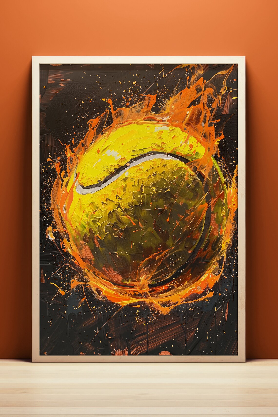 Burning Tennis Ball Flames Painting Poster Bold Sports Room Decor - Image 2