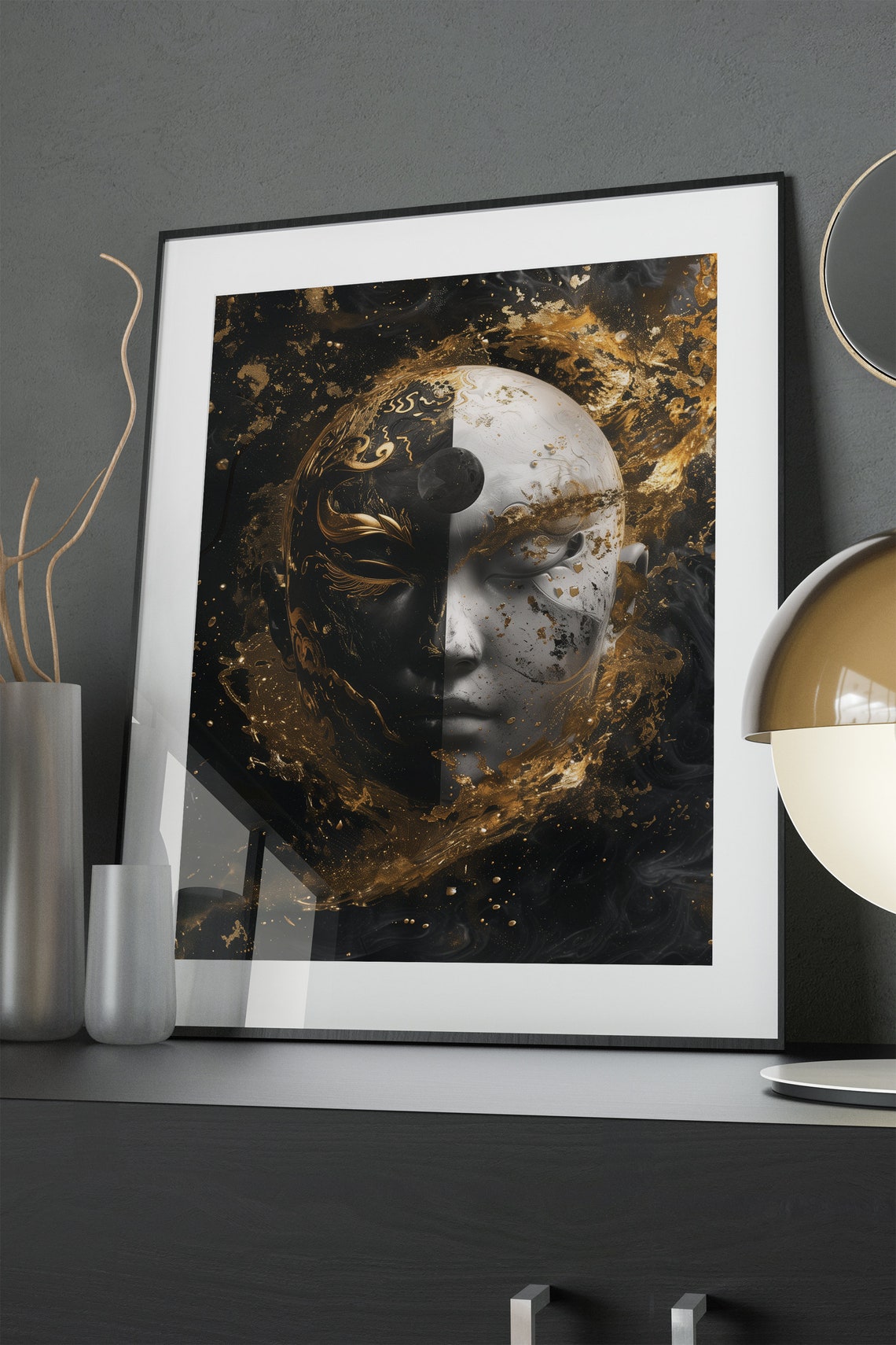 Yin Yang Split Face Gold Mask Black White Elegant Art Poster - Image 3
