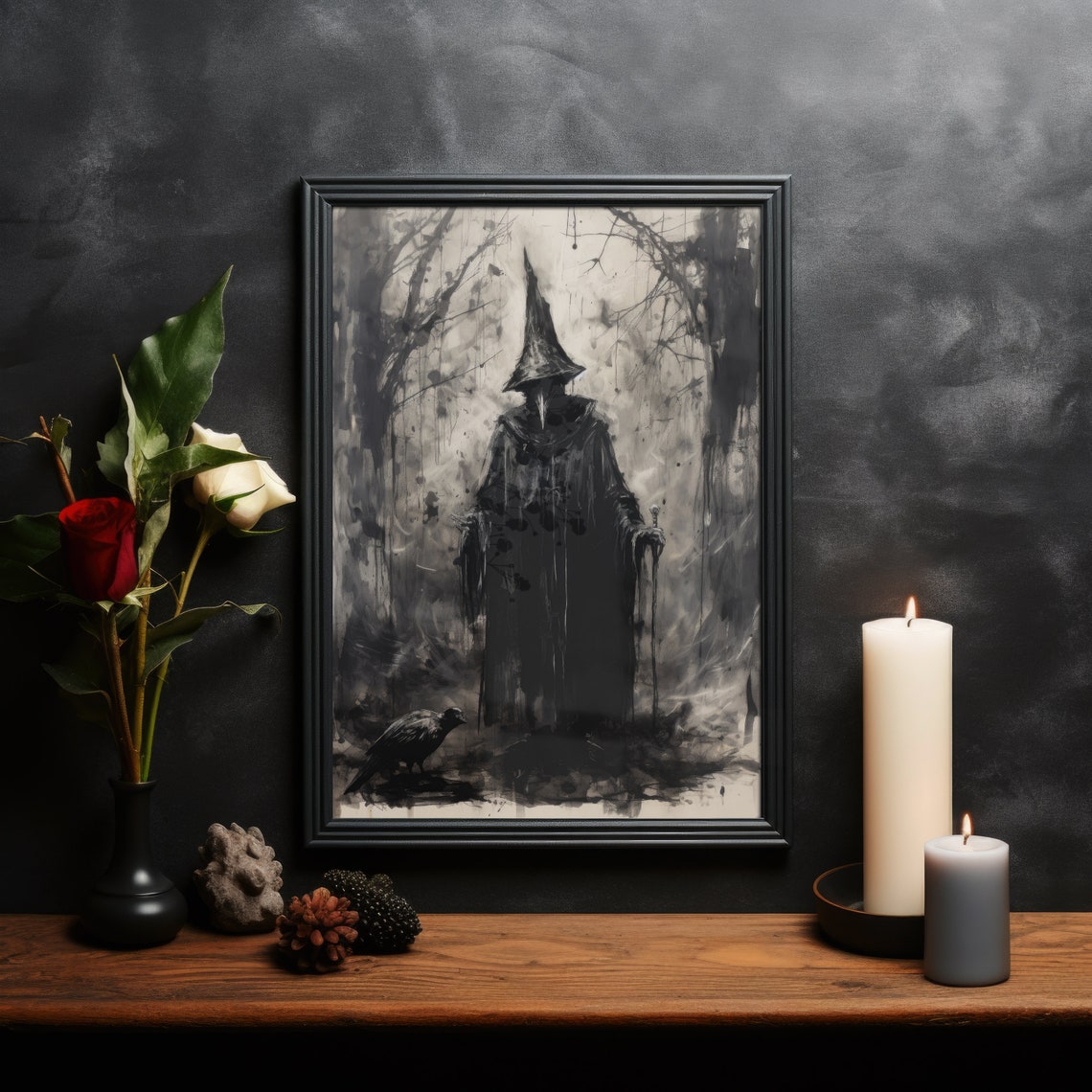 Haunted Dark Witch With Staff and Raven Ink Gothic Night Wall Art - Image 2