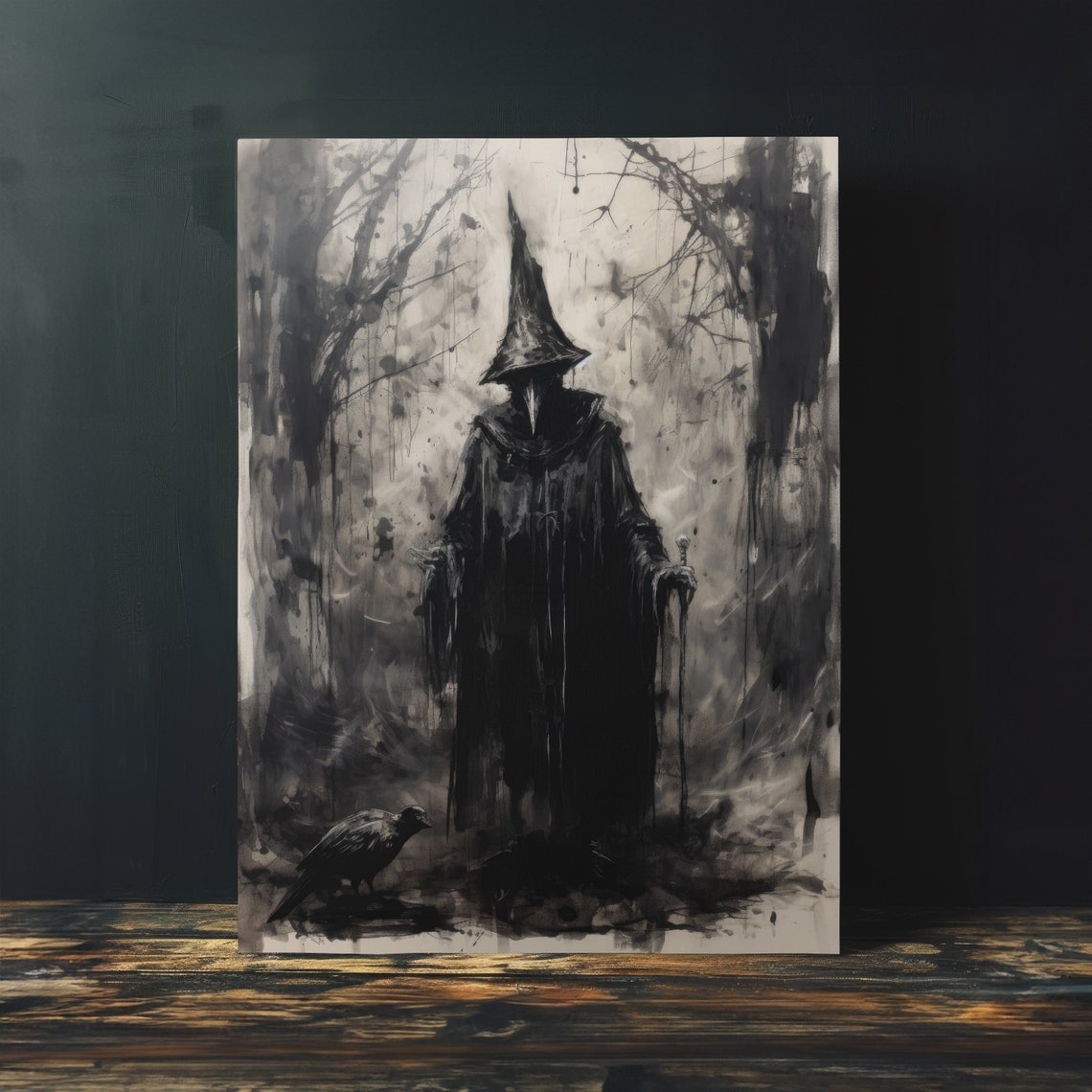 Haunted Dark Witch With Staff and Raven Ink Gothic Night Wall Art - Image 4
