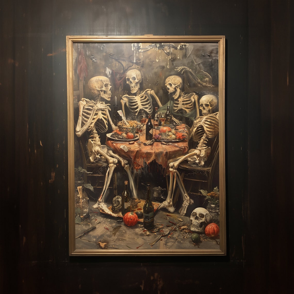 Skeleton Dinner Party Candlelit Table Dark Surreal Oil Poster - Image 3