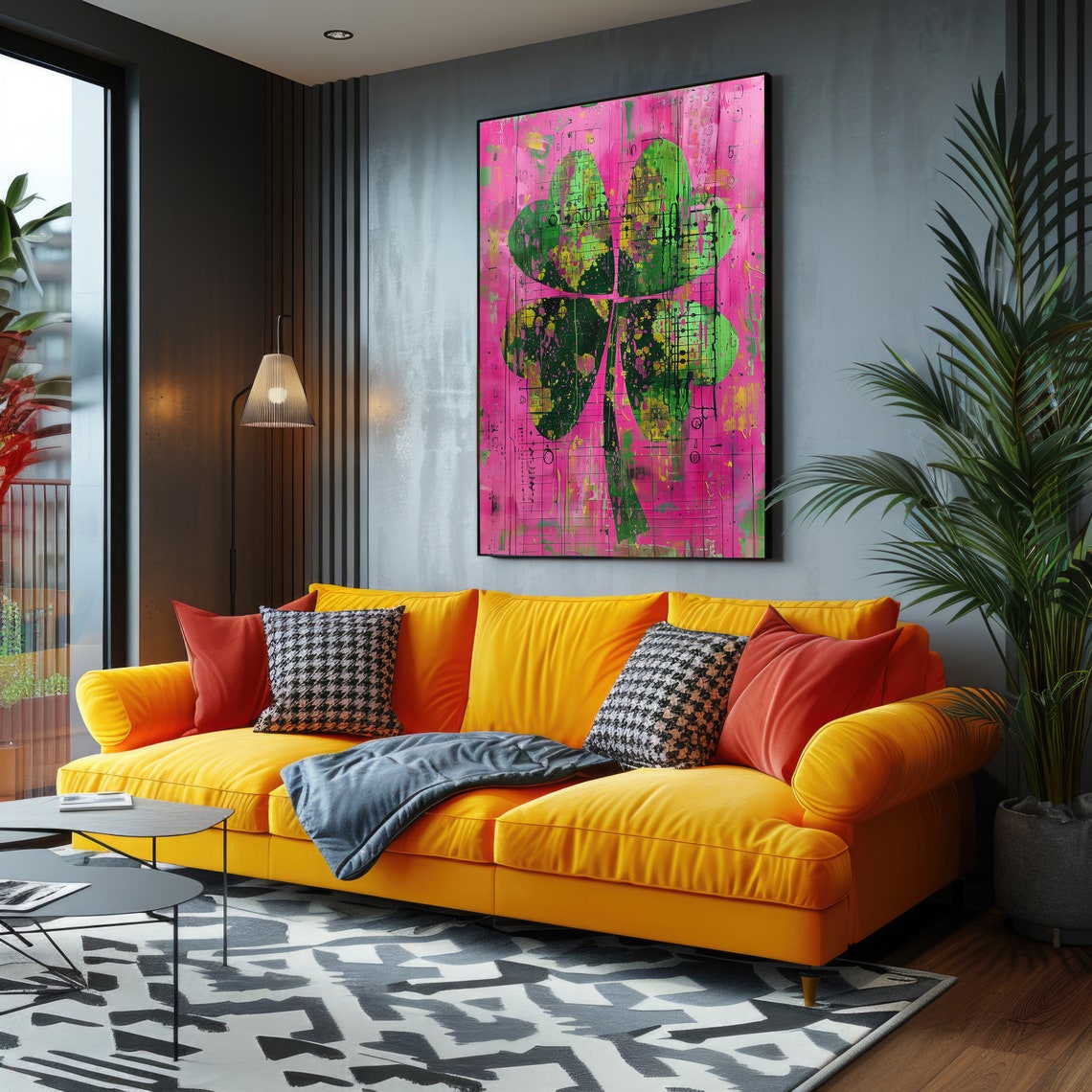 Four Leaf Clover Lucky Neon Pink Green Good Luck Pop Art Poster - Image 2