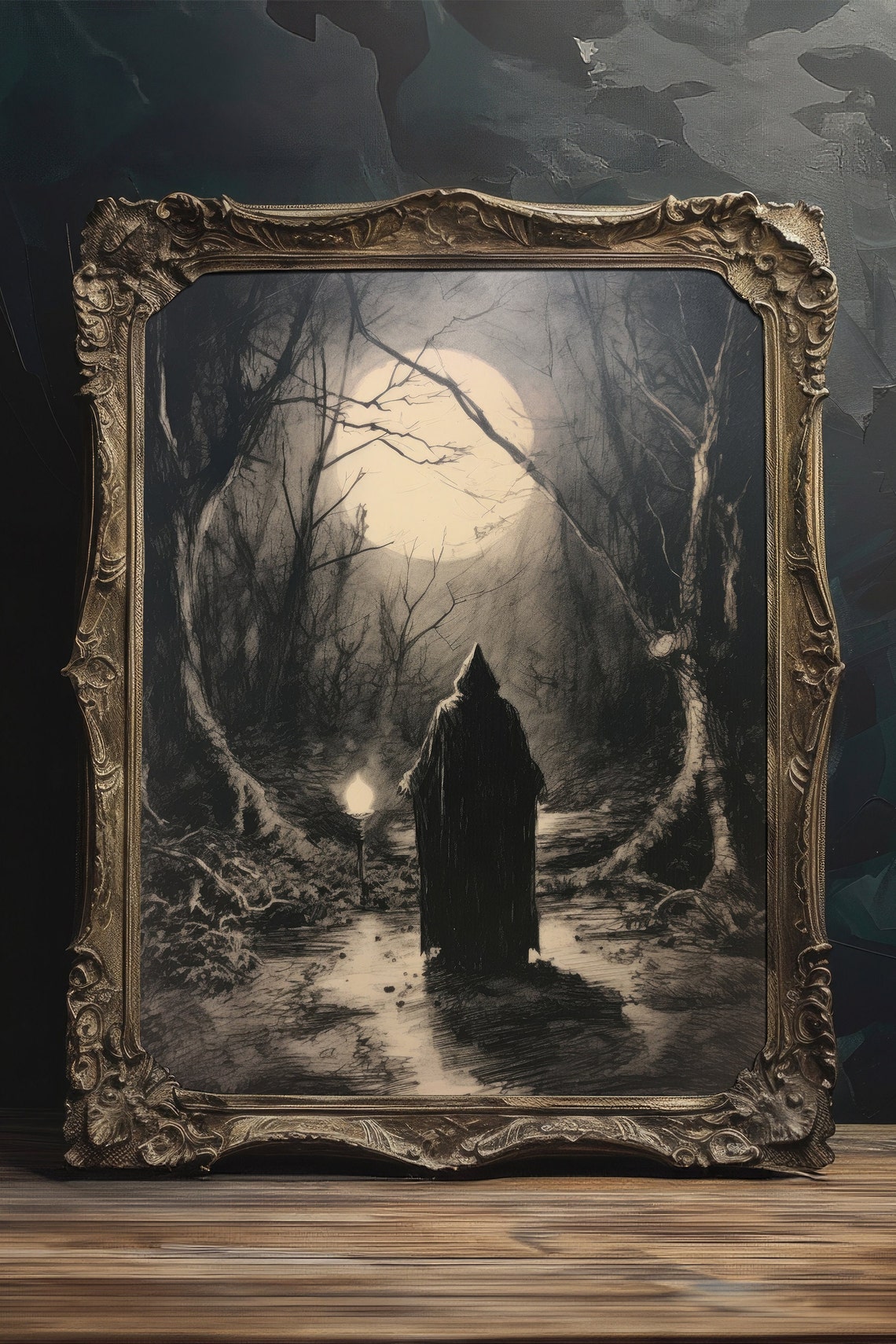 Hooded Figure With Lantern Moonlit Path Dark Forest Wall Art - Image 3