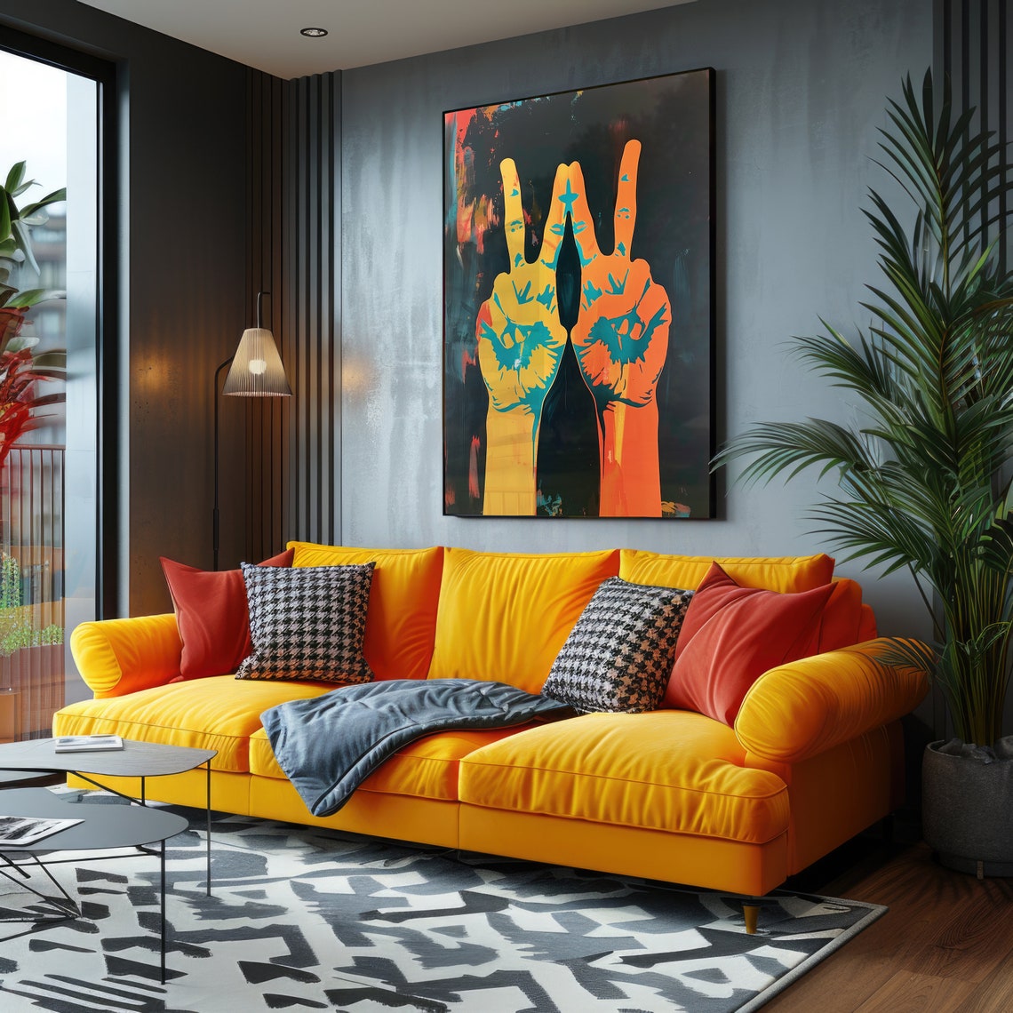 Peace Sign Hands Pop Art Poster Neon Yellow Retro Statement Wall Decor - Image 3