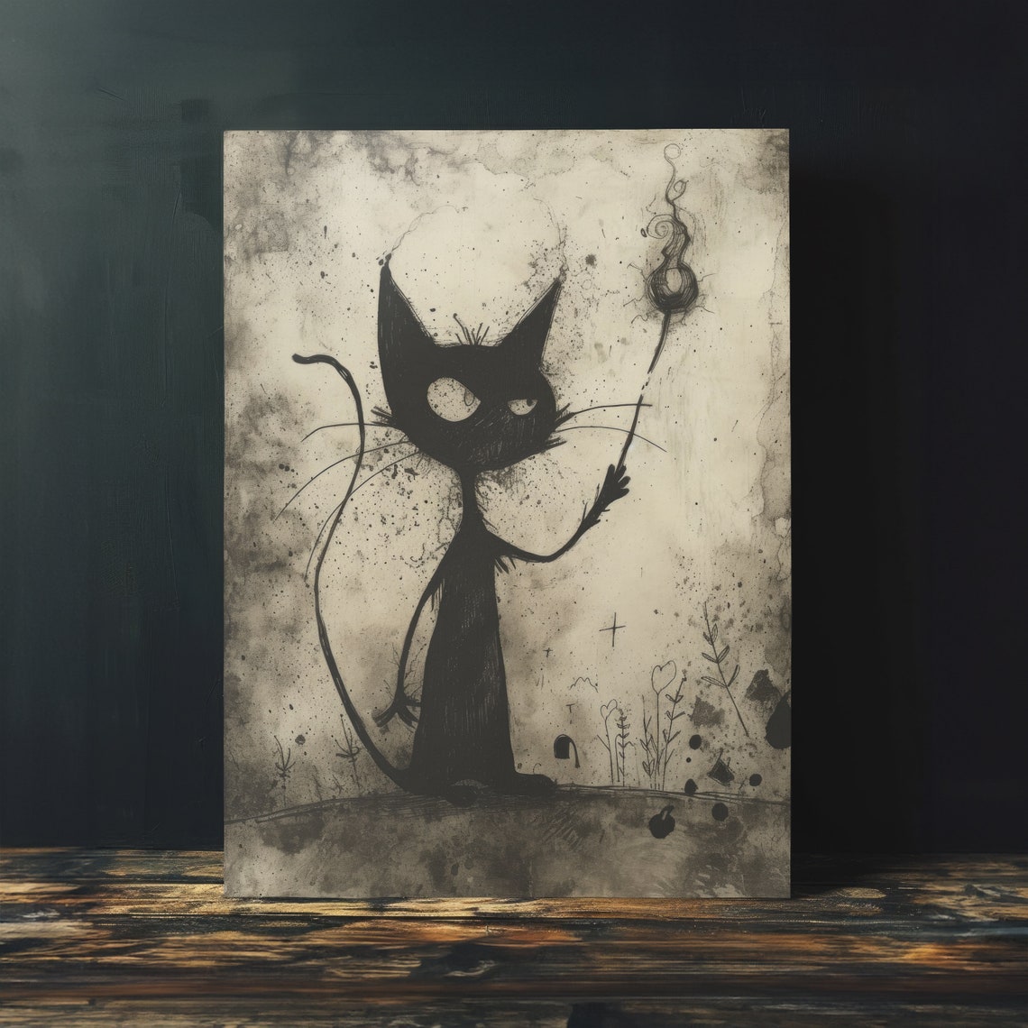 Spooky Quirky Black Cat With Wand Ink Sketch Gothic Cat Wall Art - Image 3