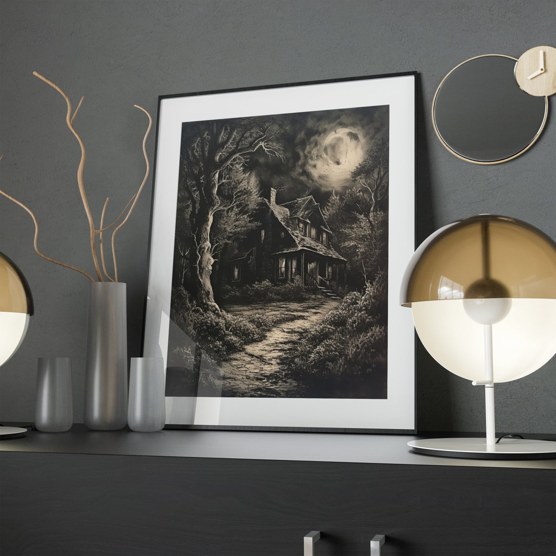 Moonlit Cabin In Dark Woods Monochrome Gothic Horror Art Poster - Image 2