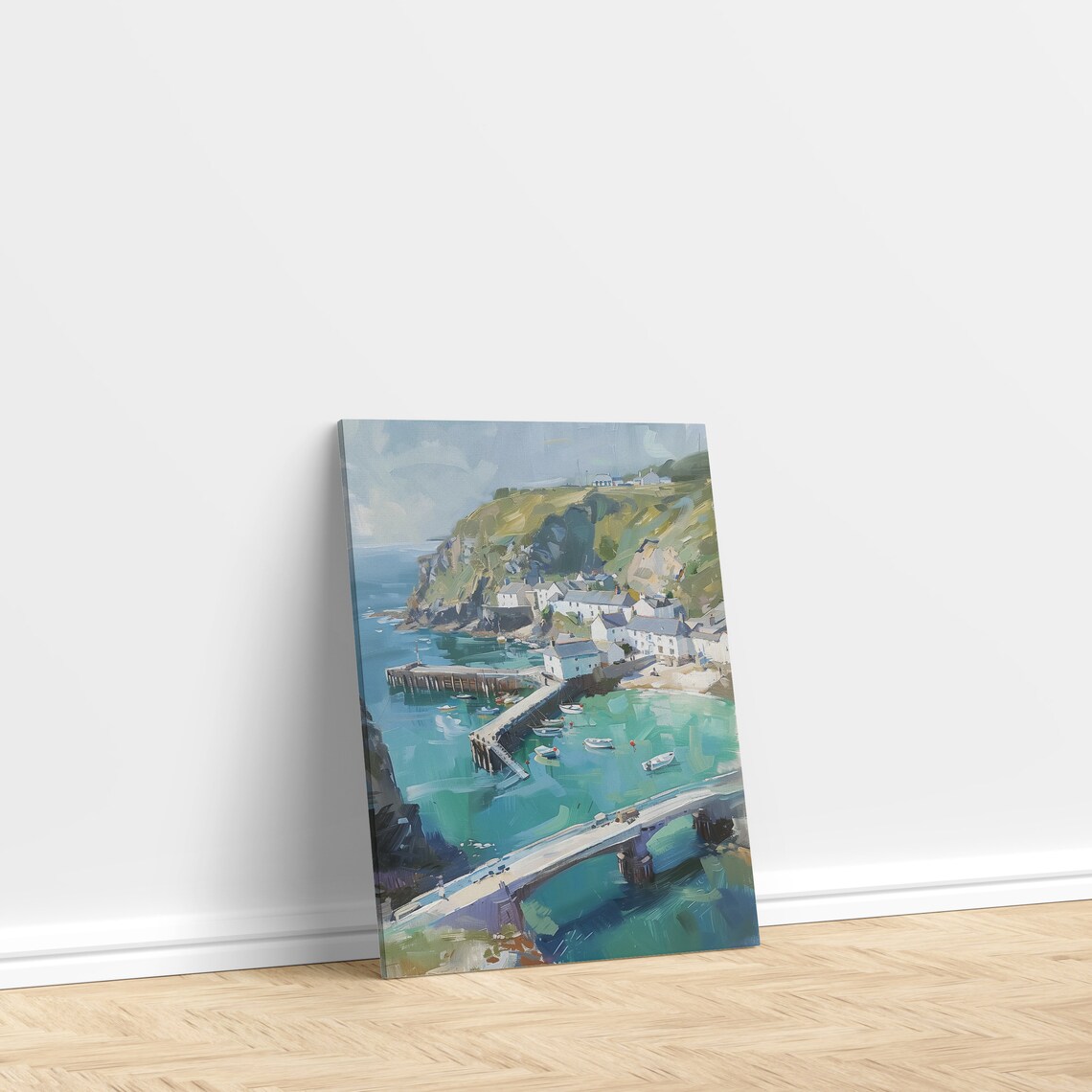 Coastal Fishing Village Harbor Poster Mediterranean Cliff Town Oil Art - Image 2