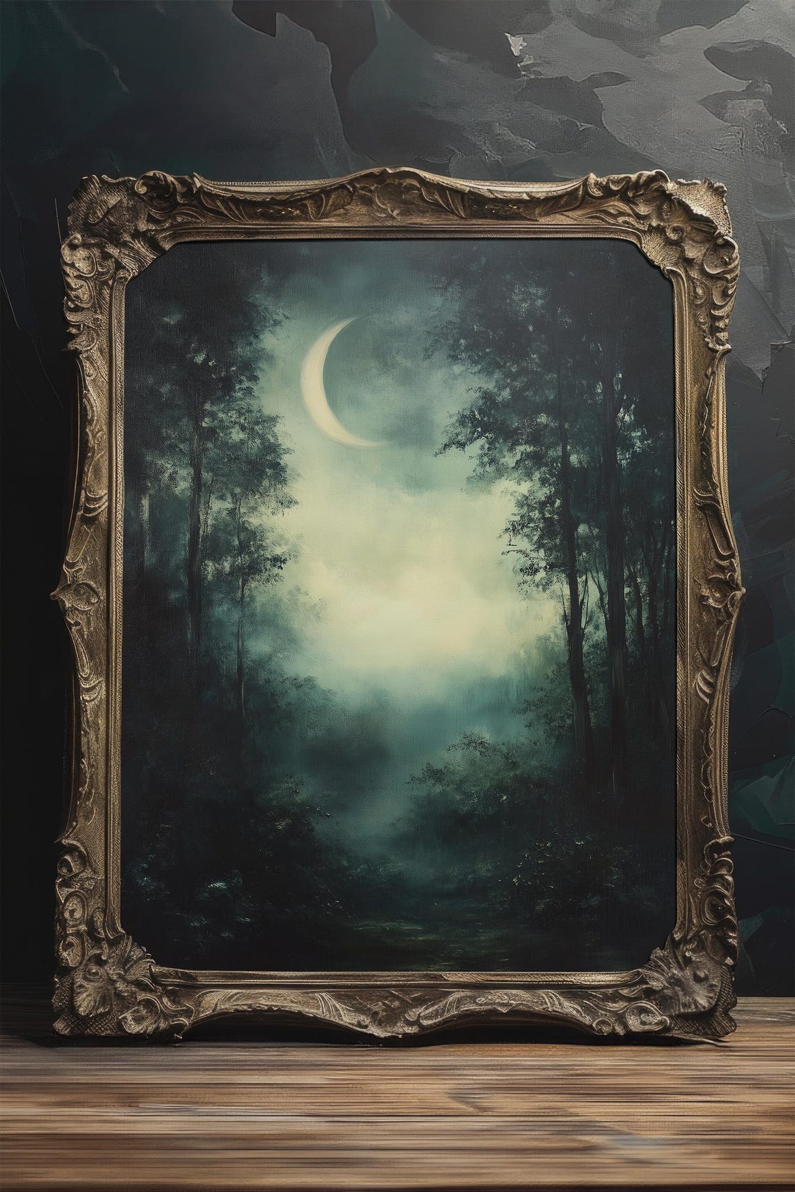 Large Crescent Moon Rising Over Foggy Forest Night Painting Poster - Image 4