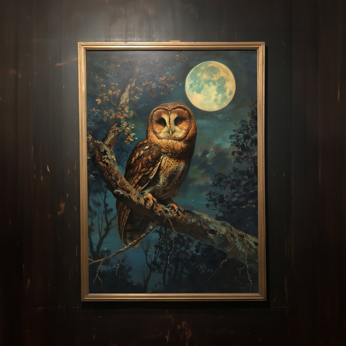Barn Owl Under Full Moon Night Forest Moody Wildlife Art Poster - Image 4