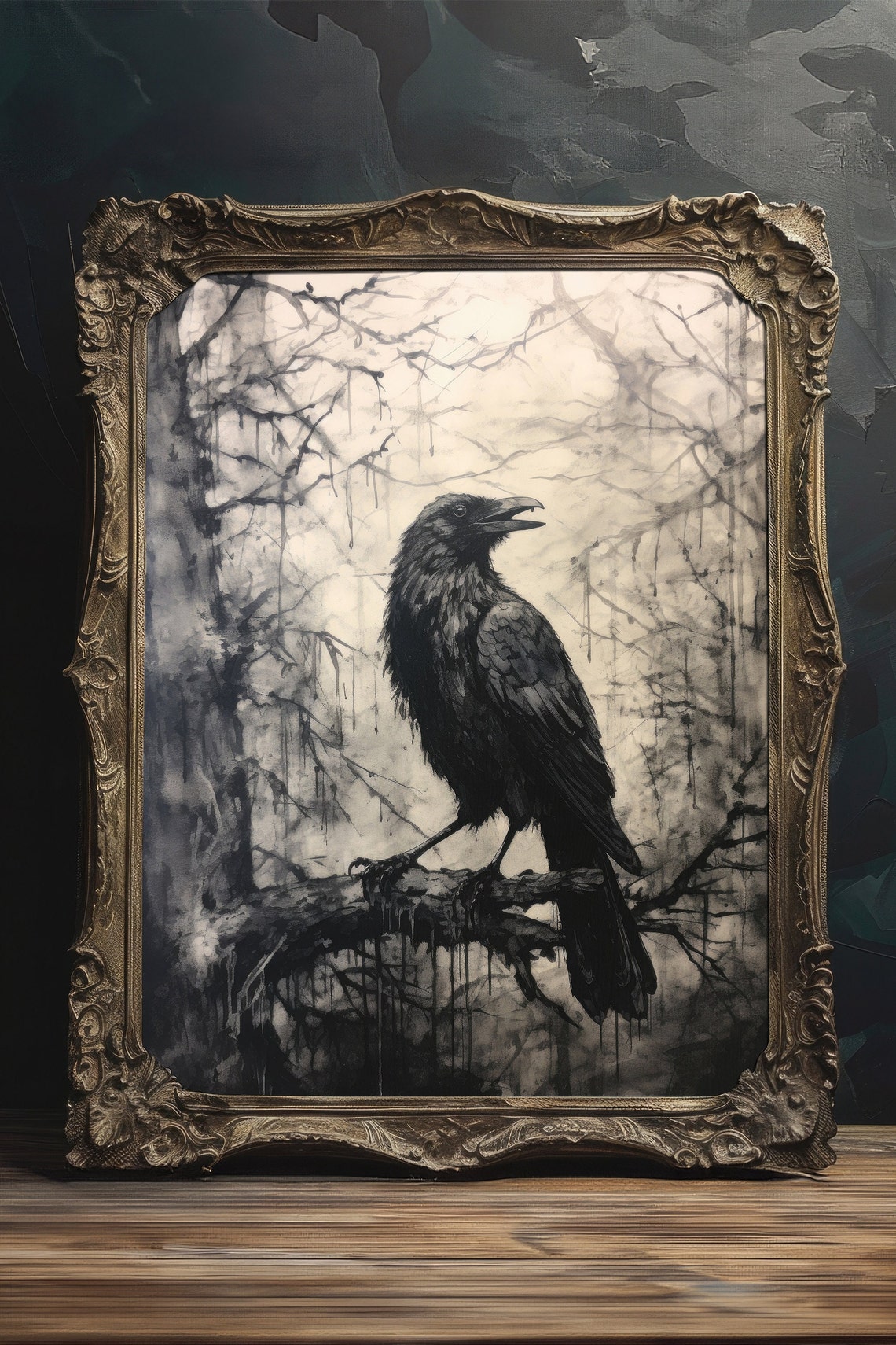 Black Raven Perched Misty Woods Branch Grungy Sepia Vintage Art Poster - Image 2