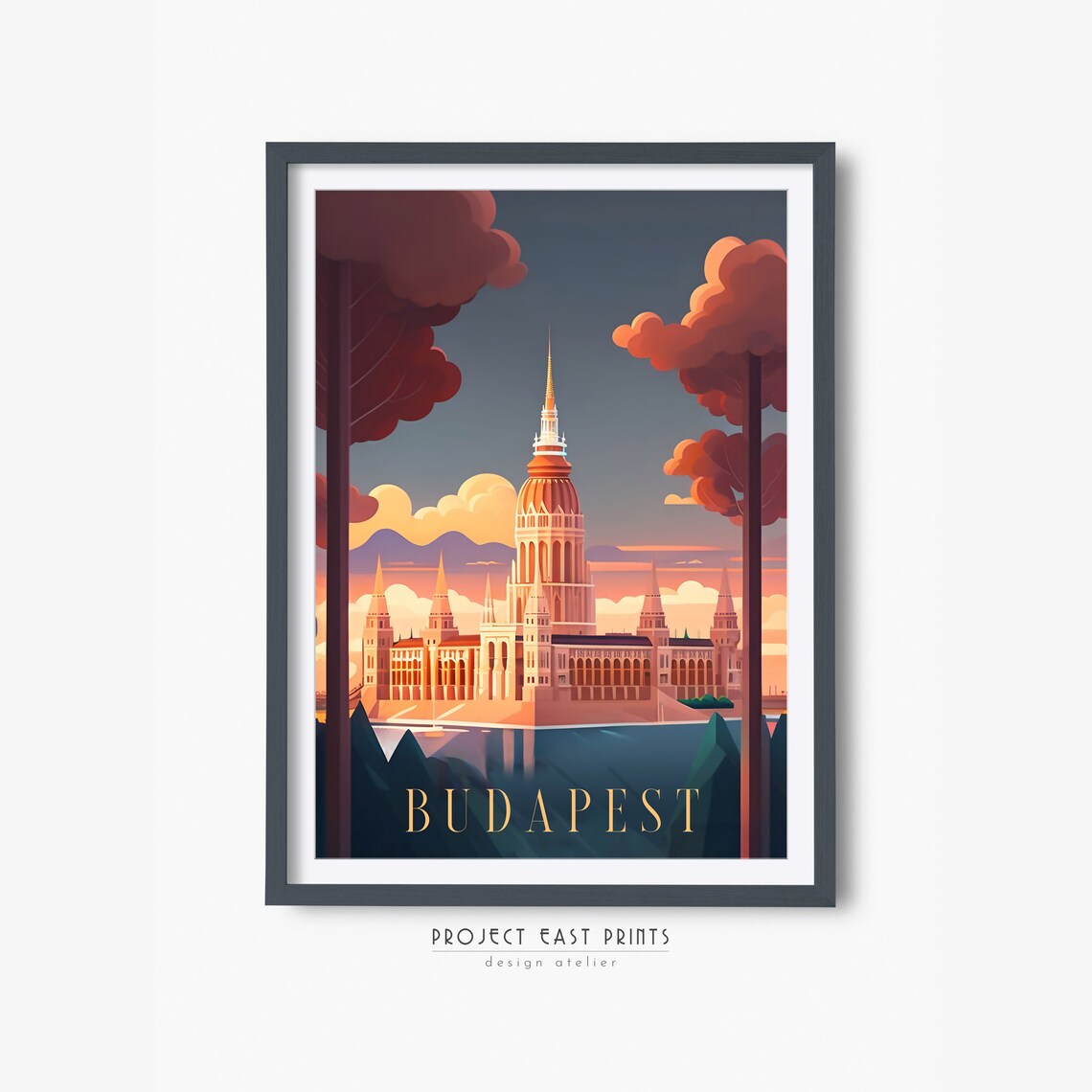Budapest Hungarian Parliament Danube Dusk Retro Travel Poster