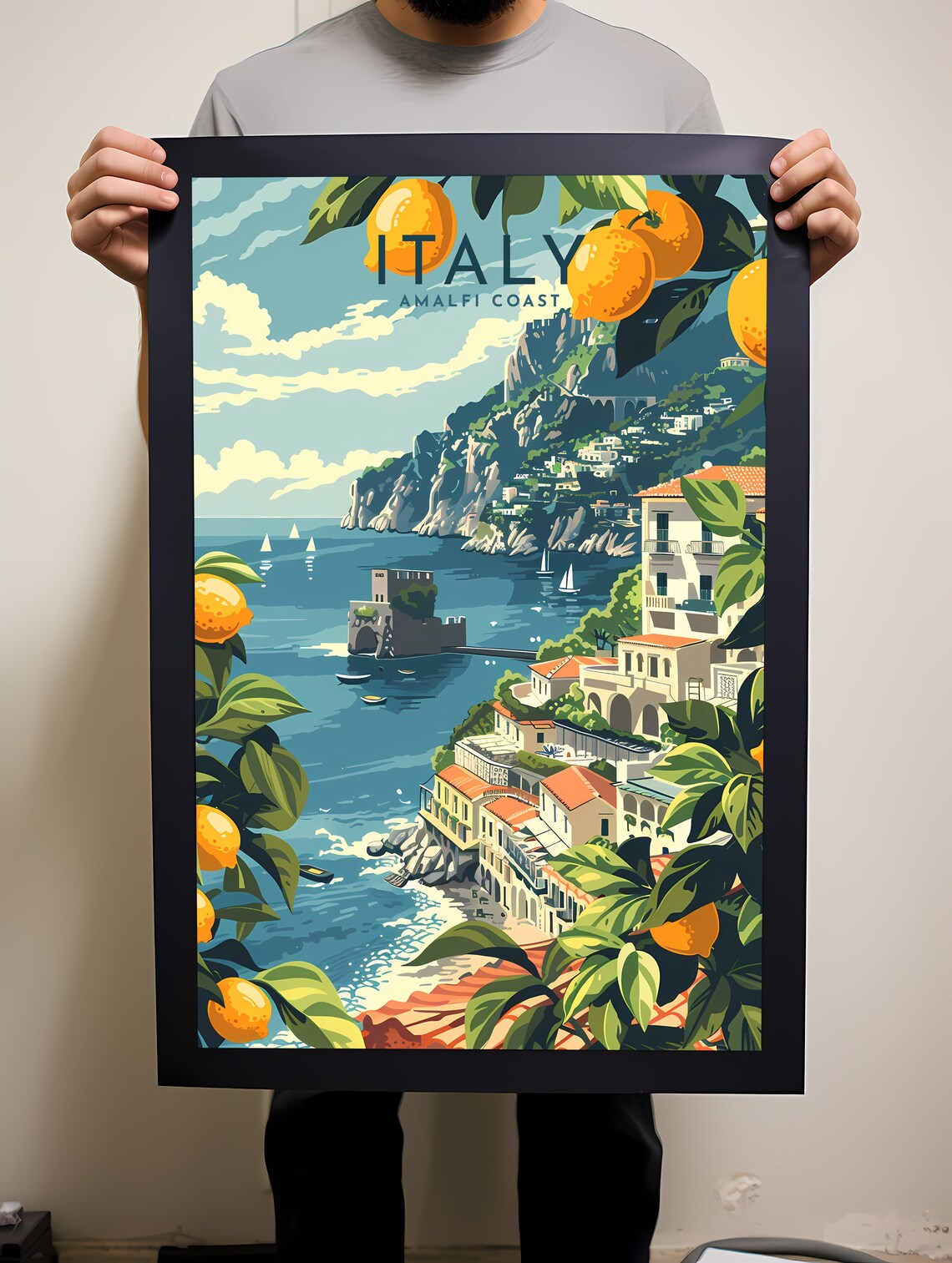 Italy Amalfi Coast Lemon Groves Seaside Village Retro Travel Poster