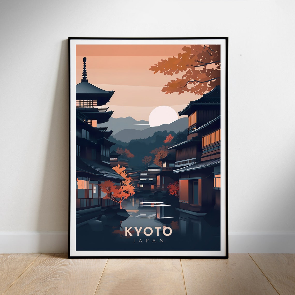 Kyoto Japan Old Town Pagoda Autumn Evening Canal Travel Poster
