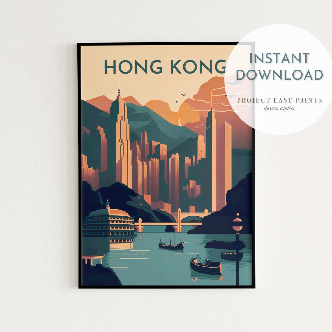 Hong Kong Retro Travel Poster With Harbor Skyline And Mountain Peaks