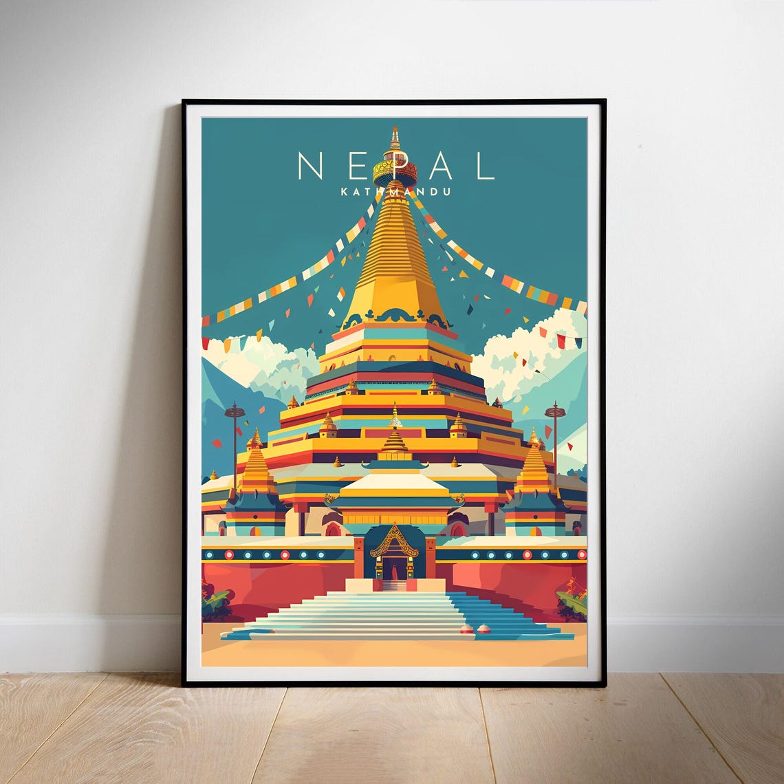 Kathmandu Nepal Colorful Stupa Prayer Flags Sacred Temple Poster