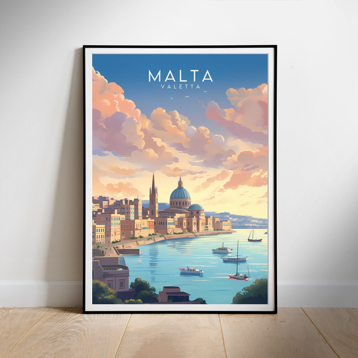 Valletta Malta Harbor Sunset Sailboats Waterfront Travel Poster