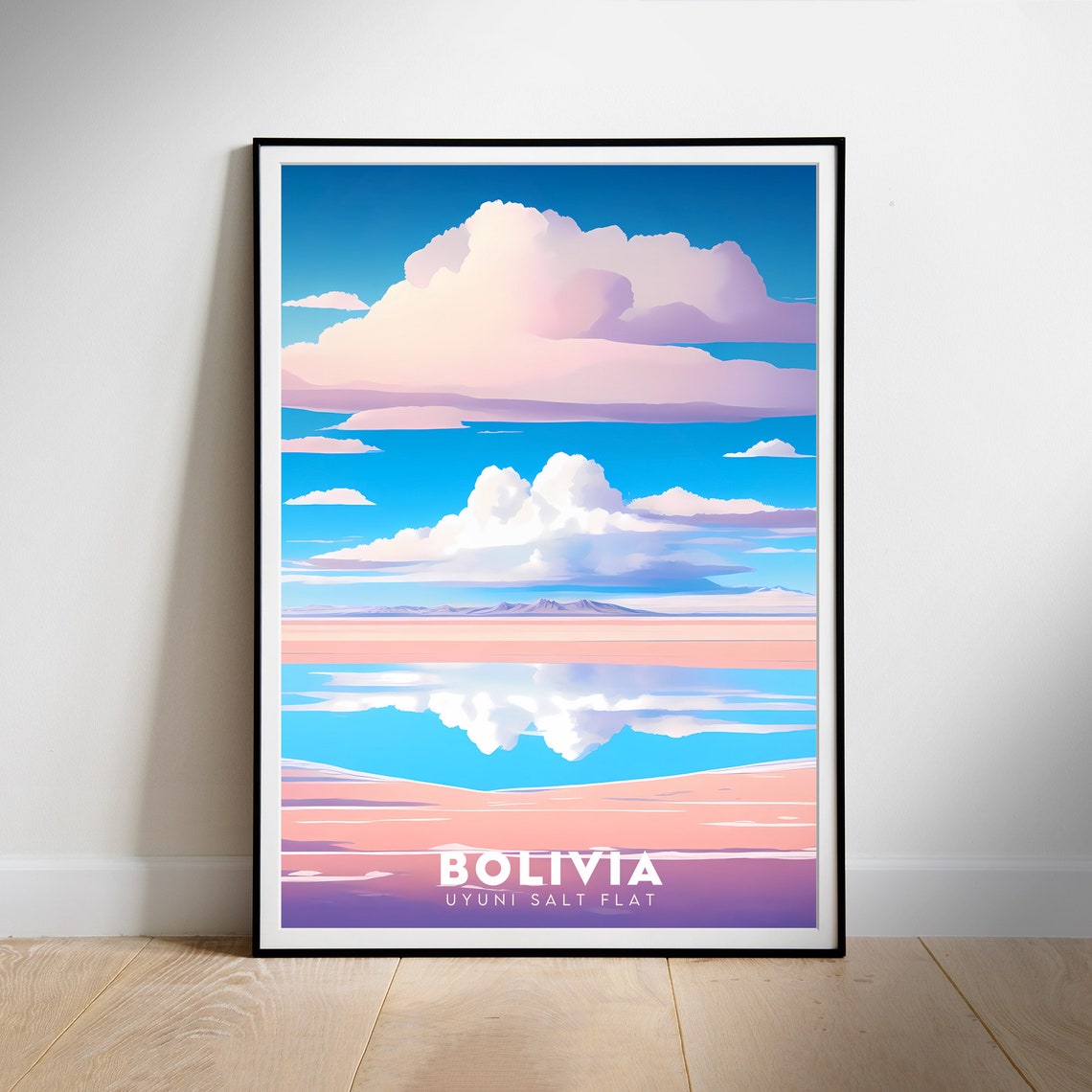 Bolivia Uyuni Salt Flat Mirror Cloud Reflection Retro Travel Poster